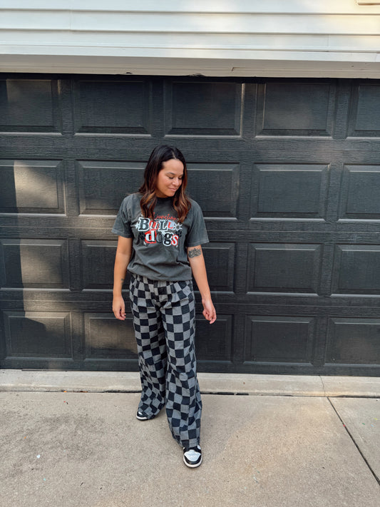 Checkered Denim Wide-Leg