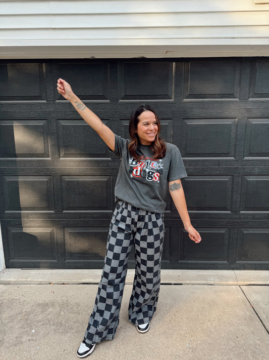 Checkered Denim Wide-Leg