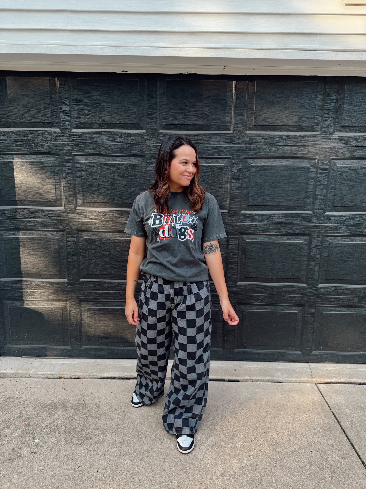 Checkered Denim Wide-Leg